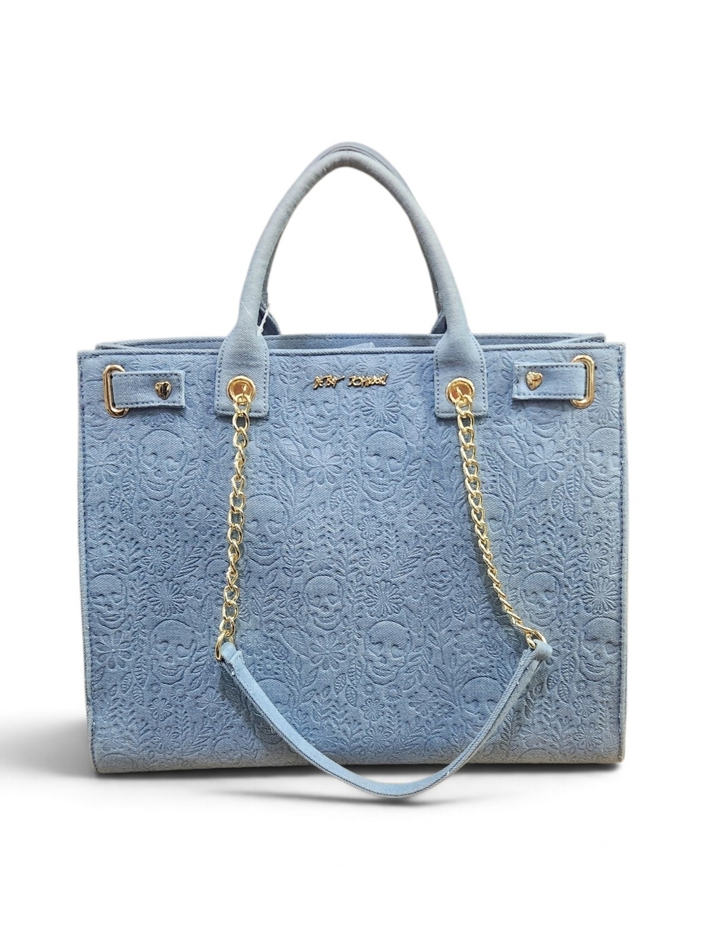 Betsey Johnson Light Blue Embossed Tote Bag with Gold Chain Accents